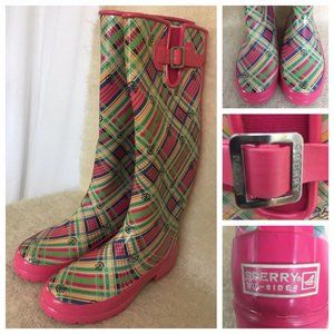 Sperry Top Sider Rain Boots  Women Size 7 Plaid Pink Green Rain Boots waterproof